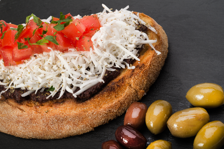 Vegan Dairy-free Plant Based Diet Greek Bruschetta with Mediterranean Feta flavour cheese