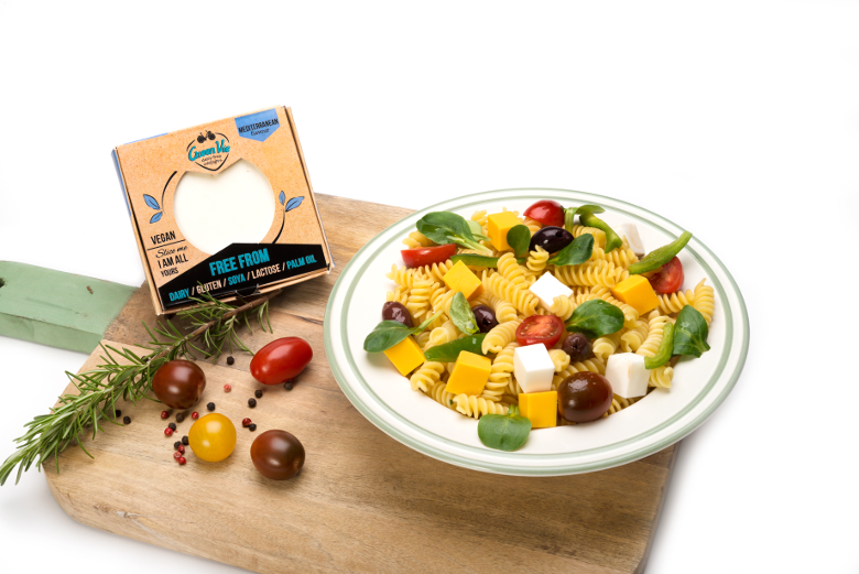 Vegan Dairy-free Plant Based Diet Pasta Salad with Mediterranean Feta flavour cheese